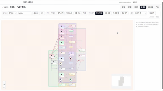복잡한 인물 관계를 자동 정렬한 타자기 스튜디오 관계도 화면